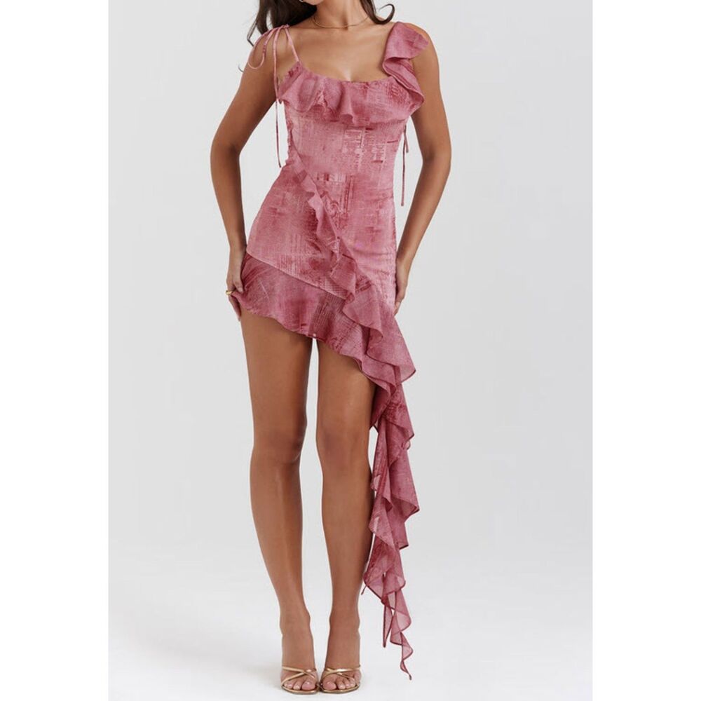 House of CB | Lyrah Mini Pink Print Ruffle Fairy Dreamy Flowy Dress | Sz L